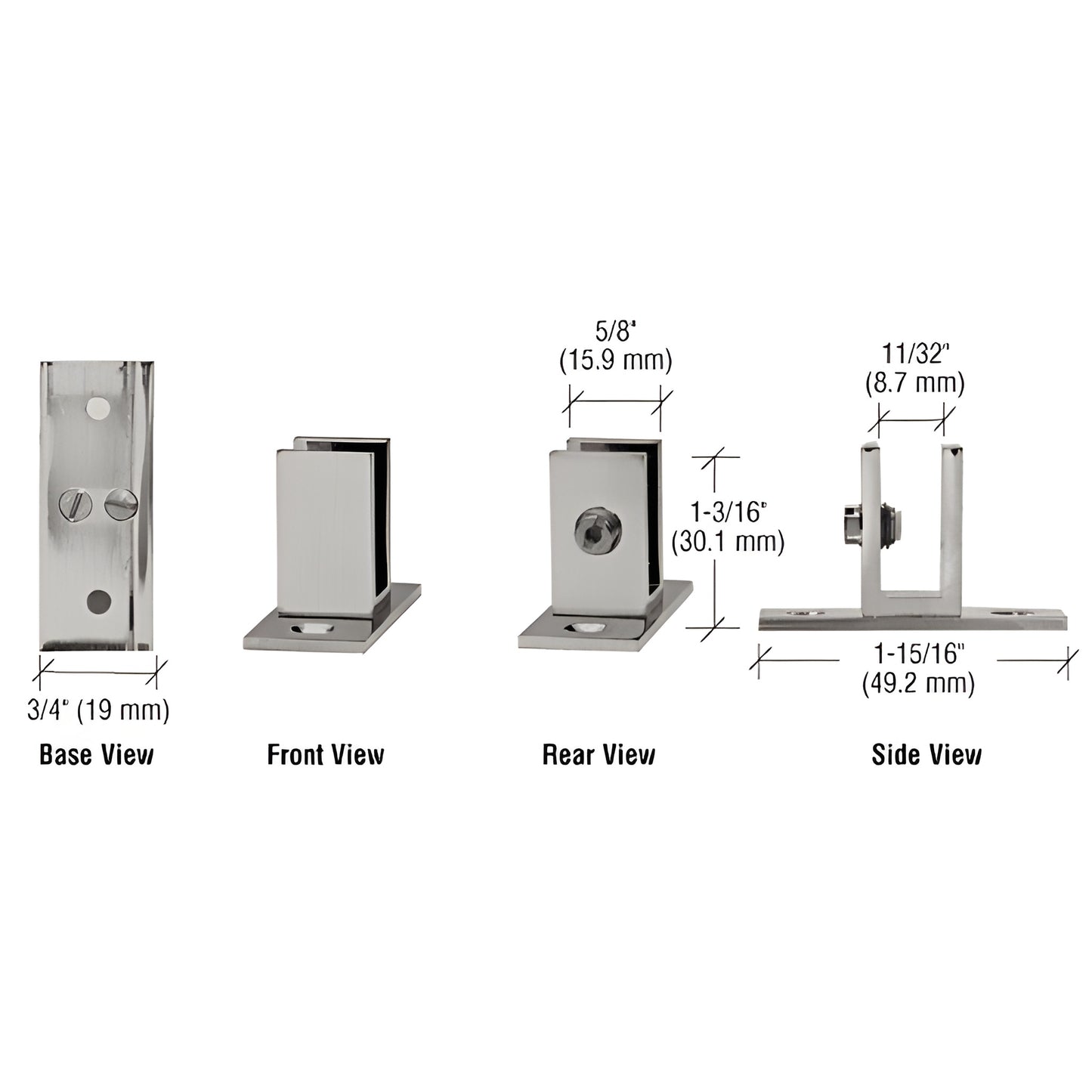 Brushed nickel brass short-leg set-screw glass clamp SKU EH47 for 6-8mm glass, low-profile shelf/panel mount, 1-3/16 in high