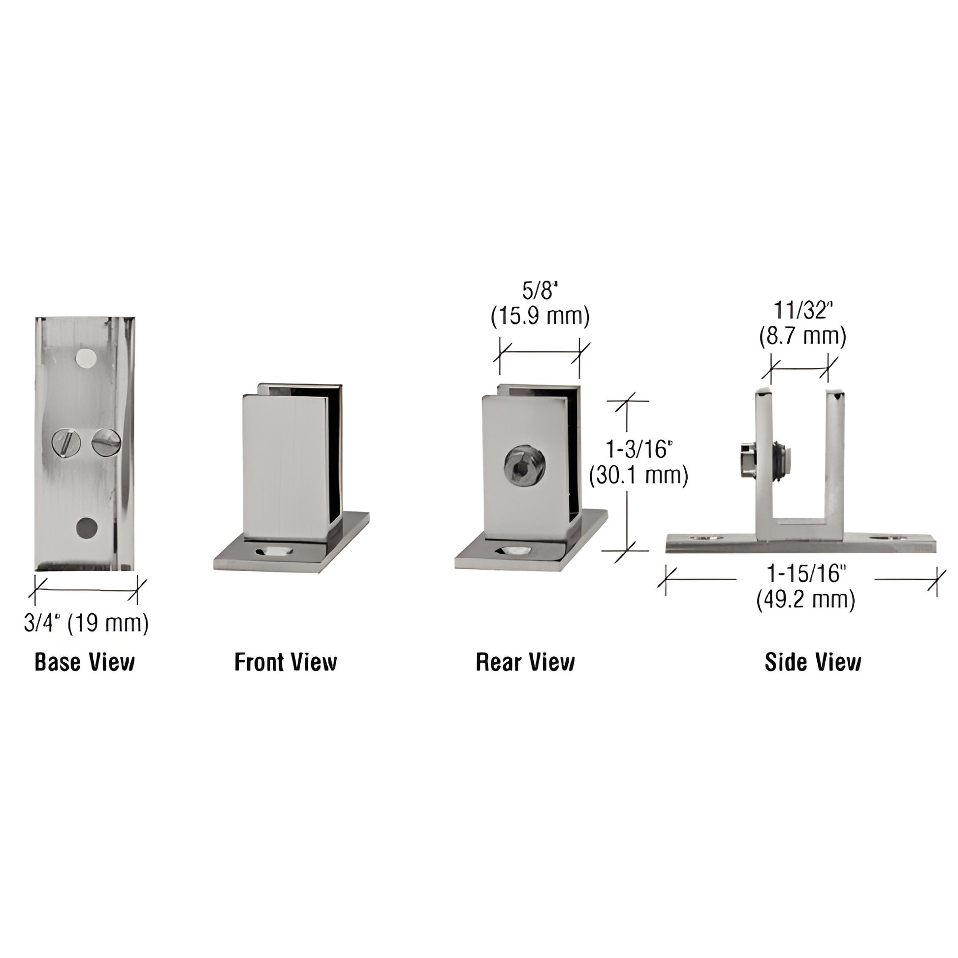Brushed nickel brass short-leg set-screw glass clamp SKU EH47 for 6-8mm glass, low-profile shelf/panel mount, 1-3/16 in high