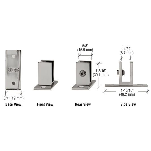 Brushed nickel brass short-leg set-screw glass clamp SKU EH47 for 6-8mm glass, low-profile shelf/panel mount, 1-3/16 in high