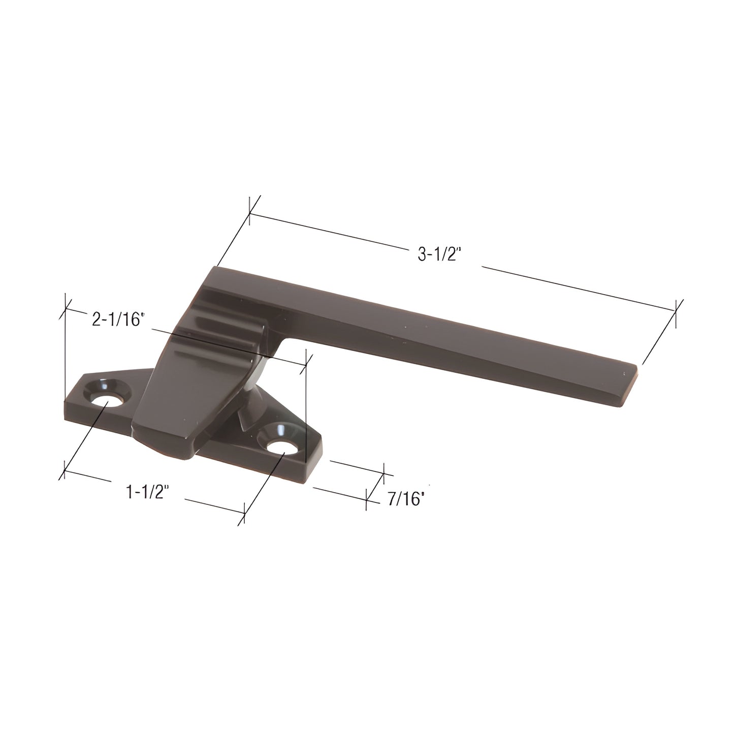 Brown diecast right-hand cam window handle DS2530BRW, 3-1/2" handle, 1-1/2" hole spacing, 11/32" grip