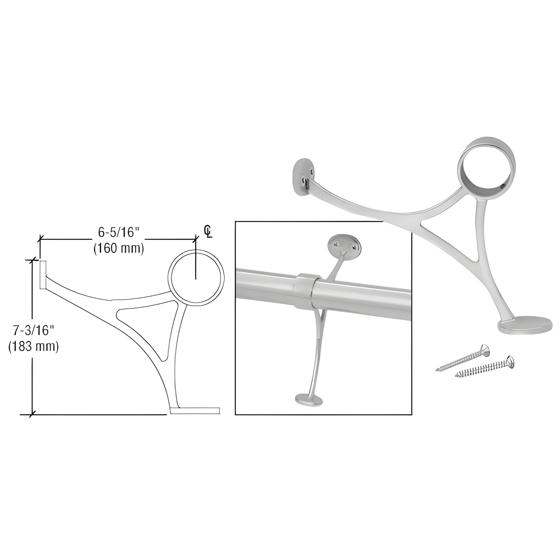 Brushed stainless steel foot railing bracket FRCB20BS for 2" tubing, with floor support leg and mounting screws.