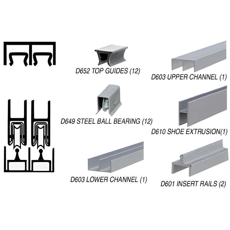 D2301ABB 12' satin-anodized aluminum deluxe rolling track assembly with D649 wheels, channels and guides