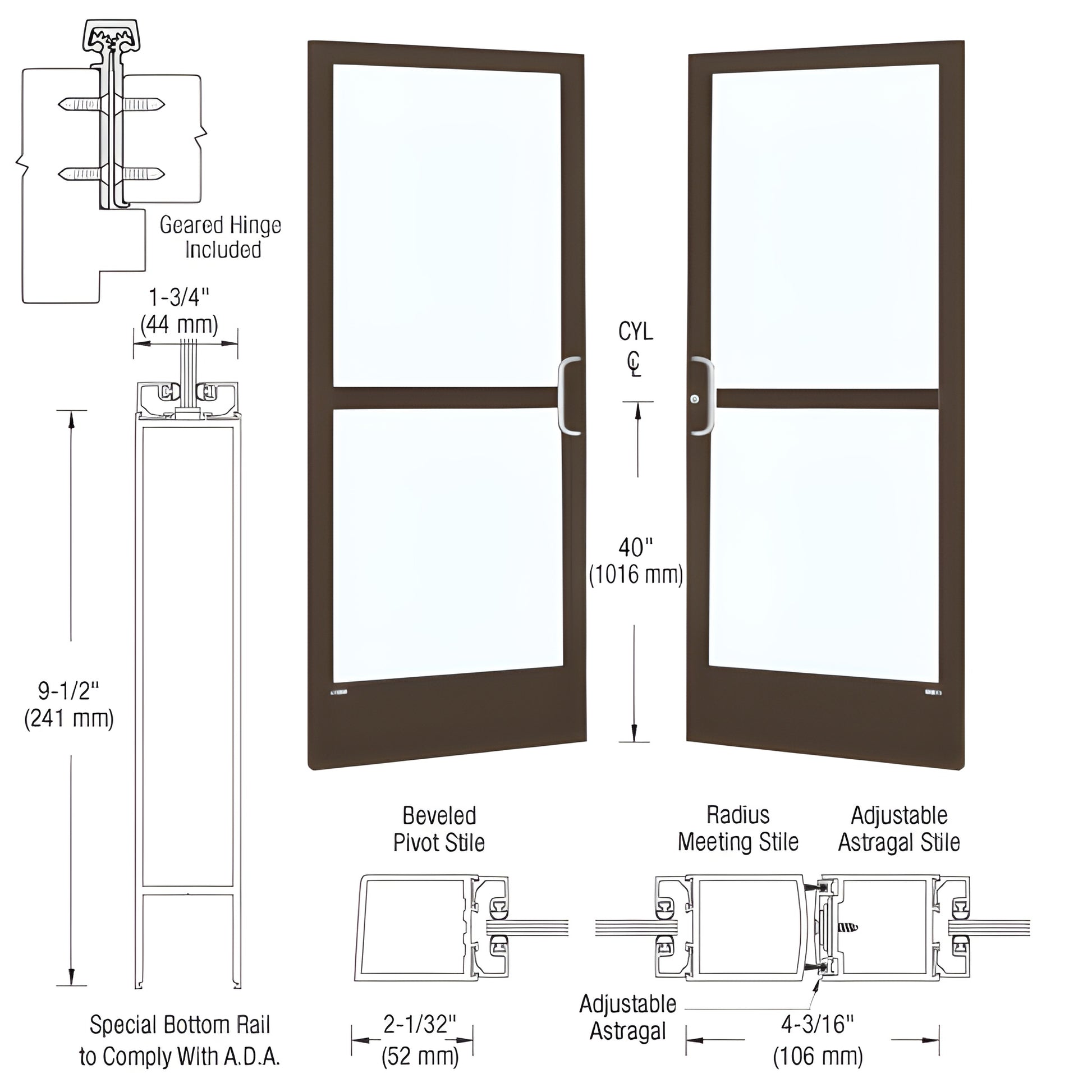 CZ22822 black-bronze narrow-stile commercial entrance door, two glass panels, 91 2" ADA bottom rail, concealed-rod ready.