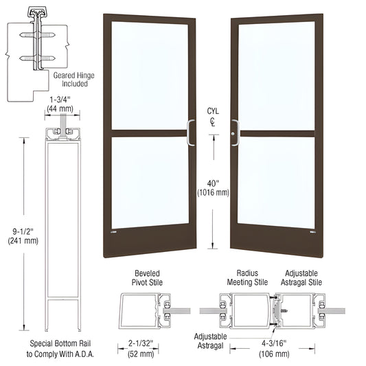 CZ22822 black-bronze narrow-stile commercial entrance door, two glass panels, 91 2" ADA bottom rail, concealed-rod ready.