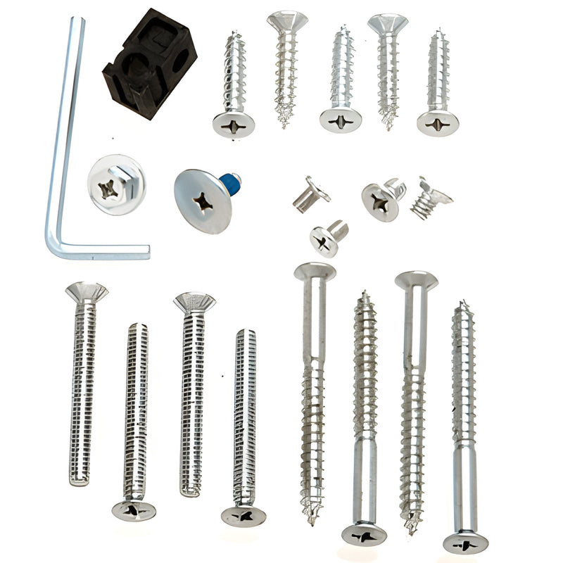 PR90SA aluminum closer screw pack - assorted screws, anchors, rivets, L-shaped hex key and mounting hardware on white.