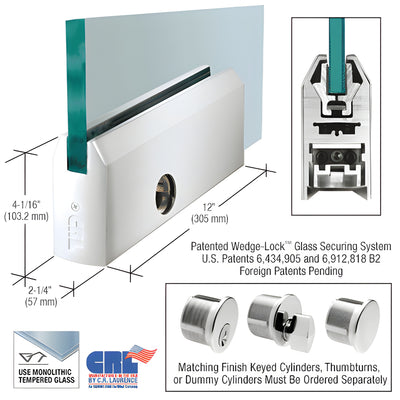 Polished Stainless 4in Tapered Door Rail 12in 5/8in Glass No Lock