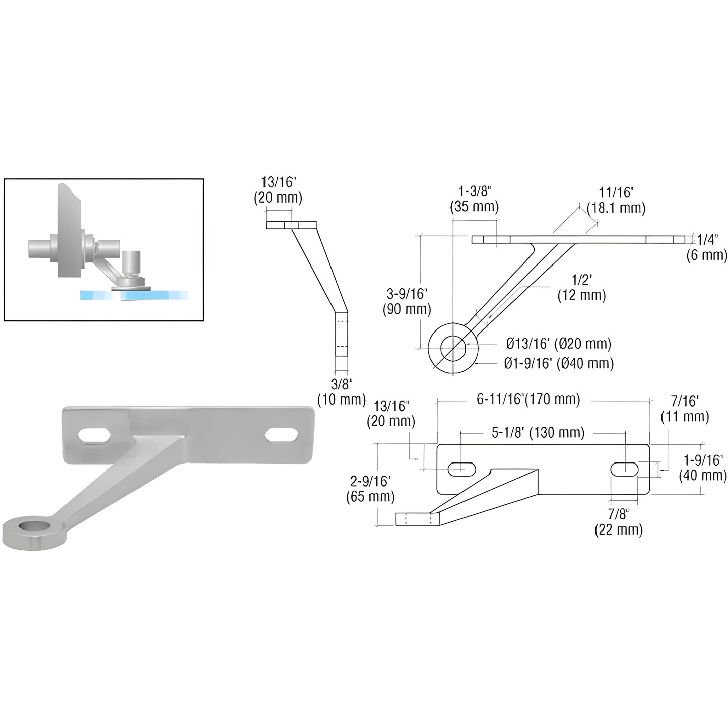 Stainless steel glass-to-wall standoff bracket for tempered/laminated glass, SKU FMR1RHBS