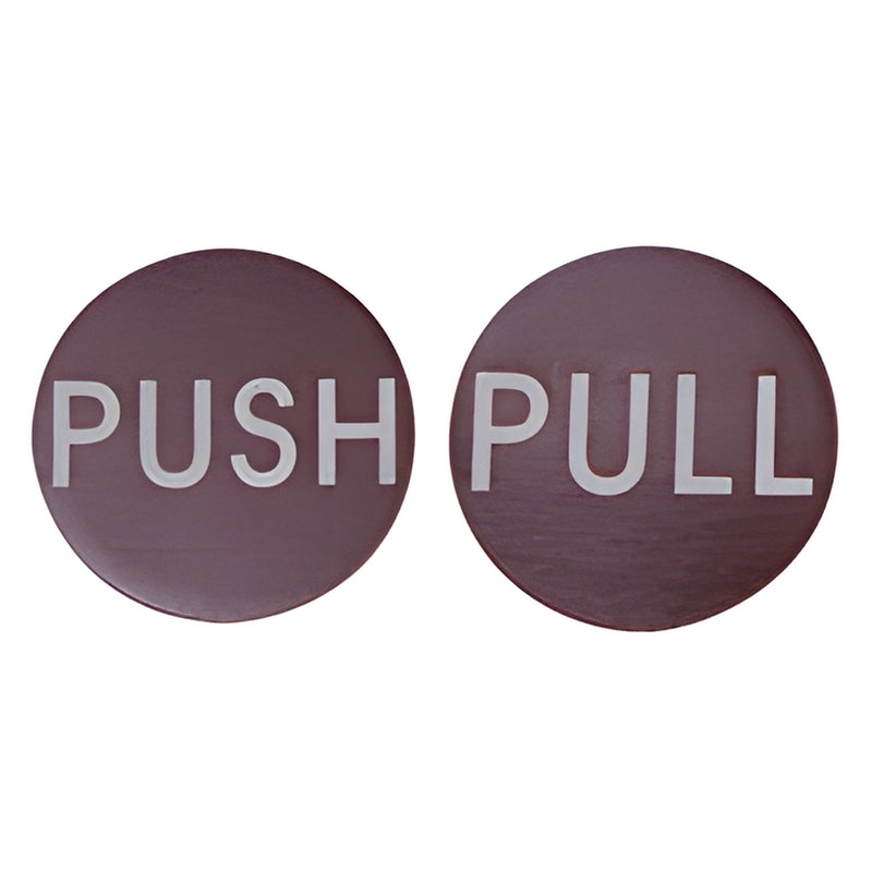 RPP2DU: pair of 2" black-bronze round aluminum door indicators, etched white "PUSH" and "PULL" text.