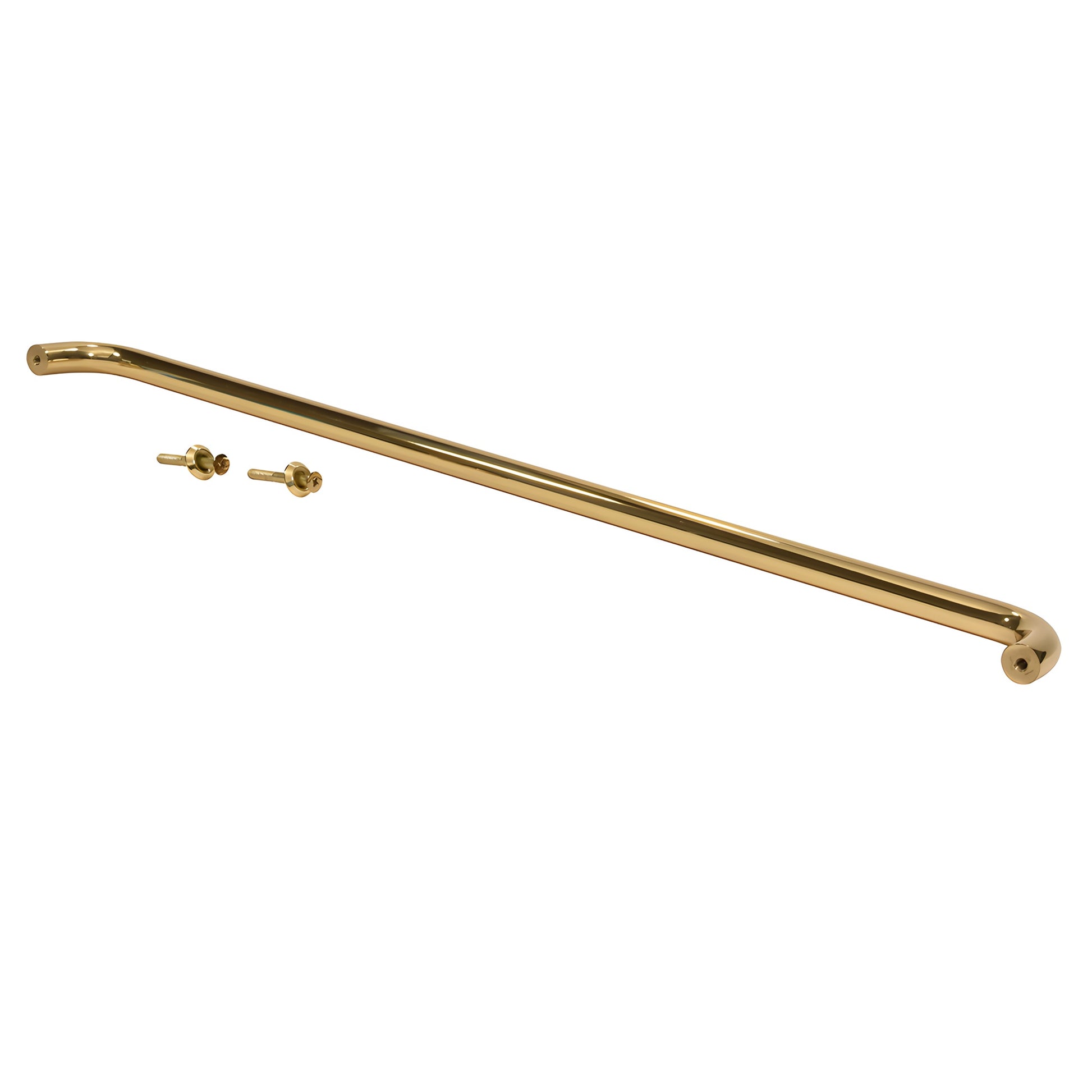 Polished brass 1 in diameter single-sided door pull, 33 in center-to-center. SKU M165333