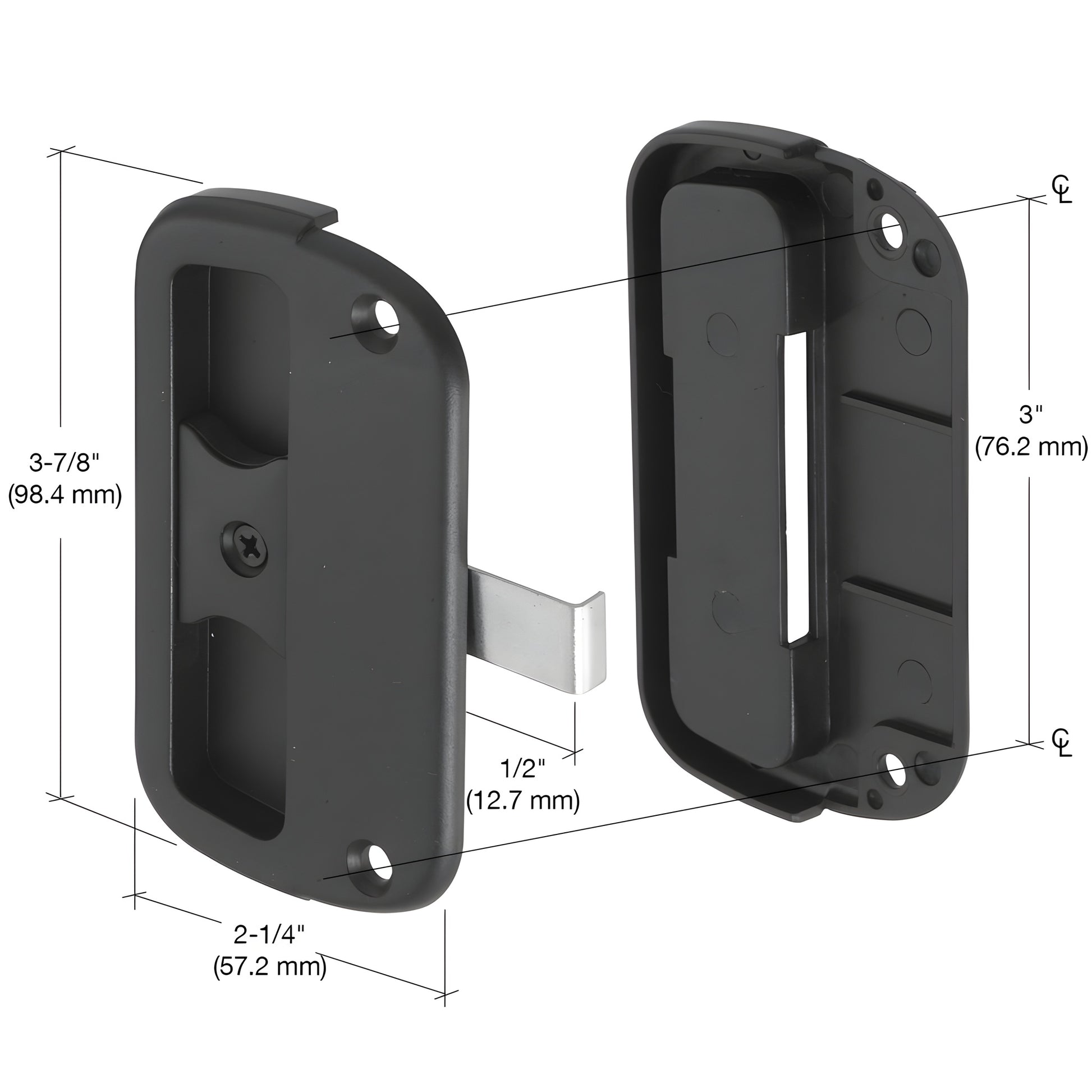 CRL A186 black plastic screen door pull with steel latch, mortise-style two-piece assembly for 1/2" extruded/roll-formed door