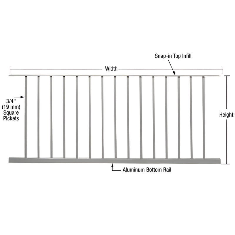 Silver metallic aluminum picket panel SKU P7236S - 15 square pickets, snap-in top infill, bottom rail, 77-5/8 33-1/8 in.