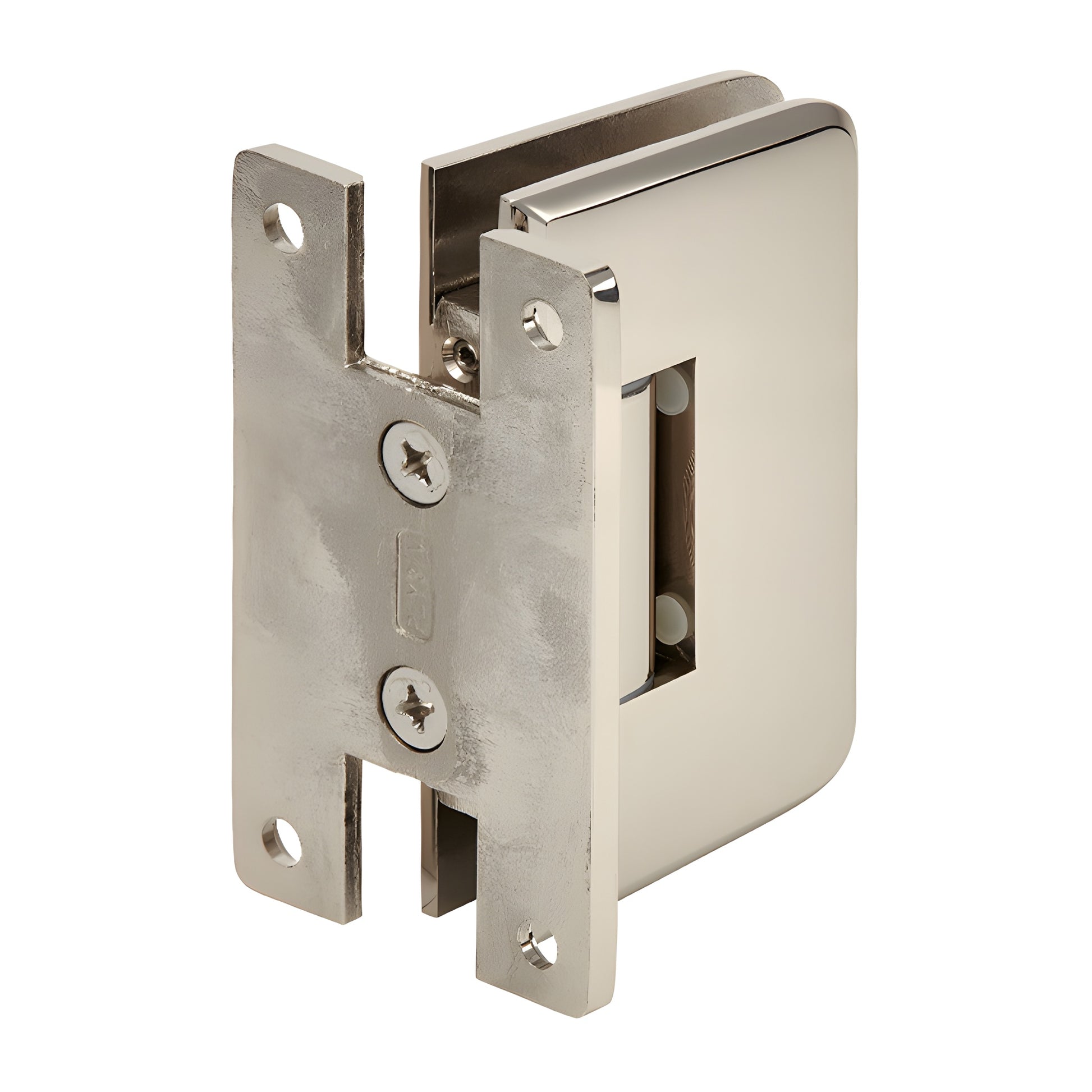 PLY037PN polished nickel brass shower door hinge, wall-mount, self-centering for 3/8-1/2" frameless glass.