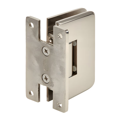 PLY037PN polished nickel brass shower door hinge, wall-mount, self-centering for 3/8-1/2" frameless glass.