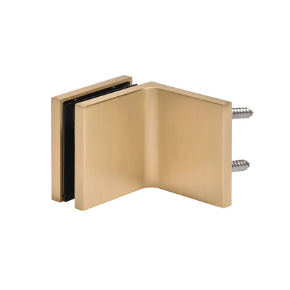 Satin brass 90 solid brass glass clamp (CCS90SB) for 3/8-1/2" frameless shower panels, concealed snap-on cover