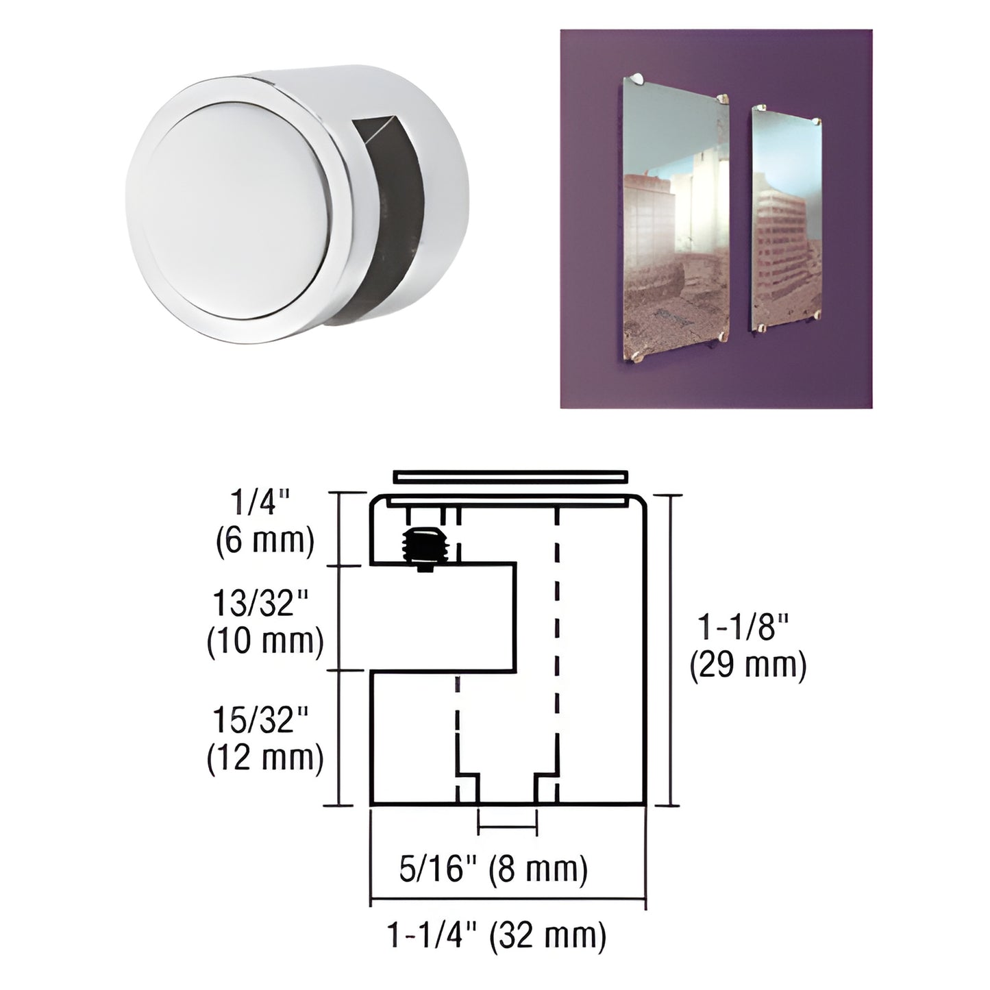Satin chrome CRL edge grip (EG38SC), brass fastener, 1-1/4" dia for 3/8" (10mm) panels, no drill edge mount