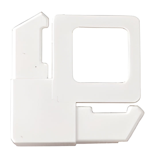 White plastic square-cut screen frame corner with integrated lift tab, fits 5/16-7/16 in frames (SKU PL2W)