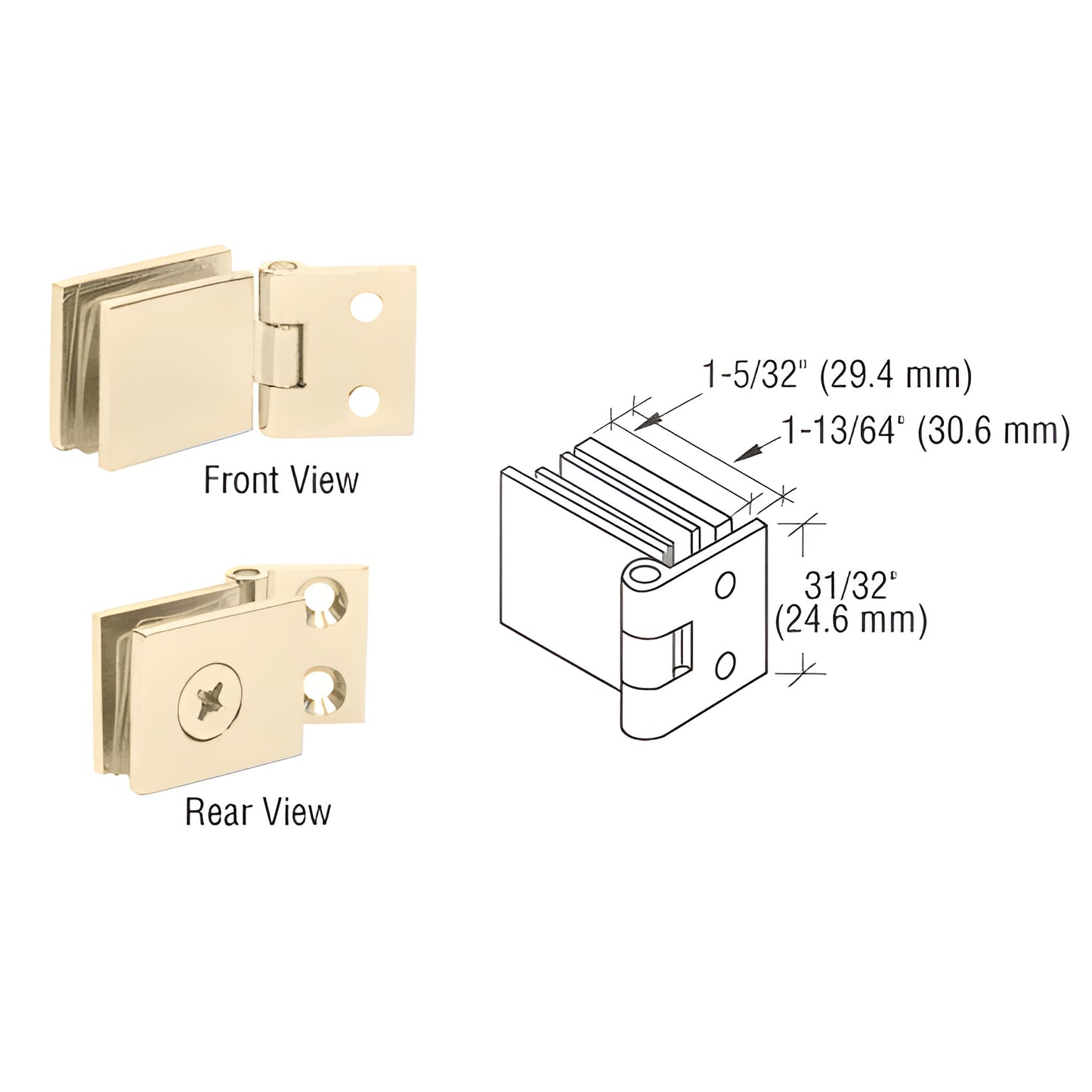 EH260 polished brass wall-to-glass hinge, forged brass pair - front/rear views with dimensional diagram