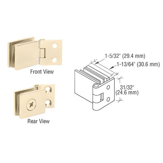 EH260 polished brass wall-to-glass hinge, forged brass pair - front/rear views with dimensional diagram