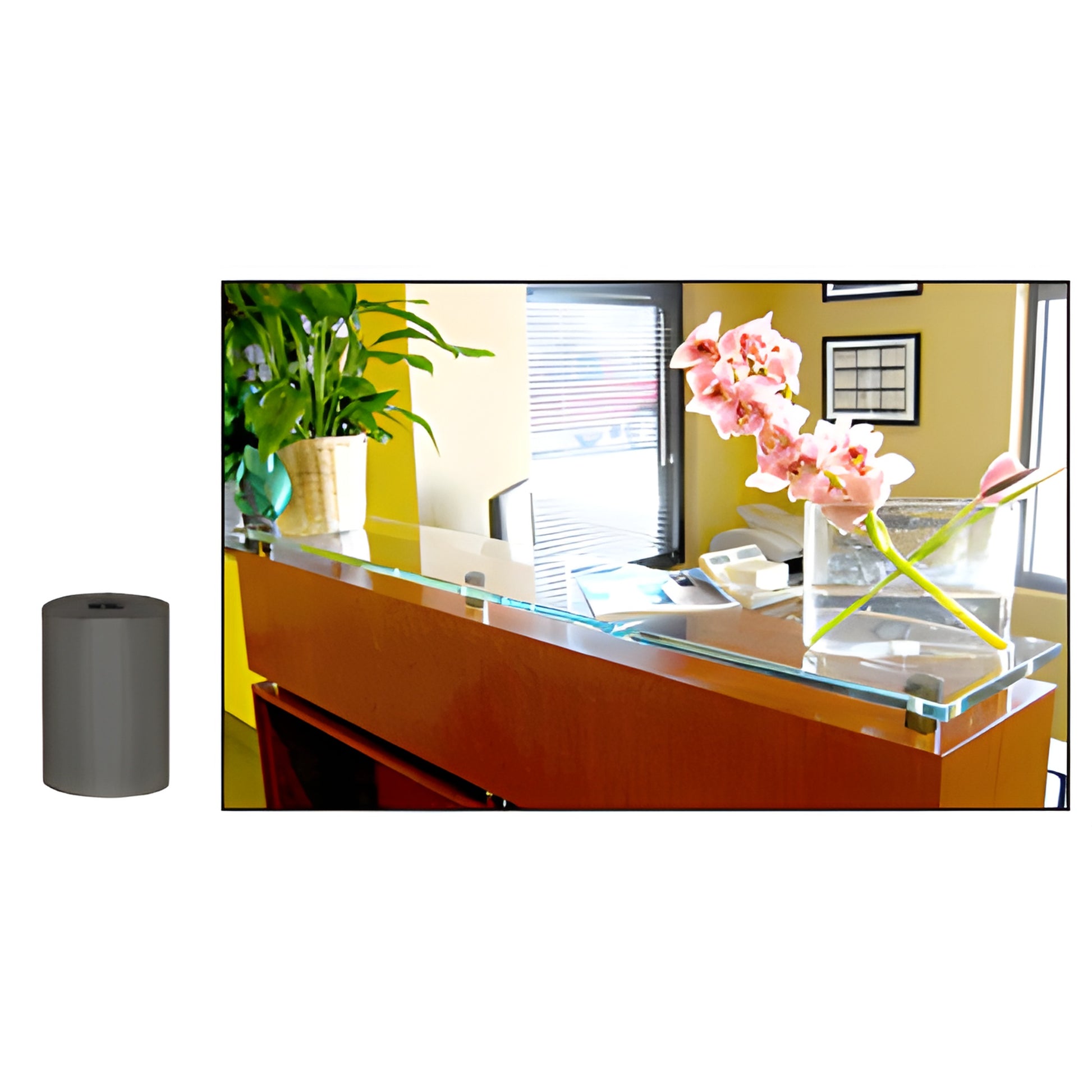 Matte black 3/4" metal standoff (SKU S0B341MBL) shown next to a glass shelf mounted on a reception desk.
