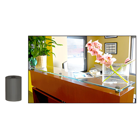 Matte black 3/4" metal standoff (SKU S0B341MBL) shown next to a glass shelf mounted on a reception desk.