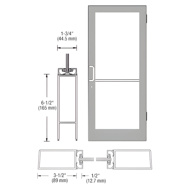 DC41511 clear anodized medium stile commercial entrance door with 1/4" tempered glass and push/pull hardware.