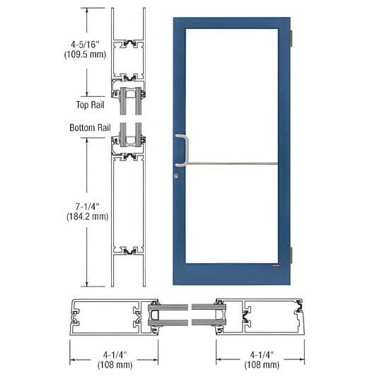 Blue aluminum medium-stile storefront door SKU 1D41571, 4.25" stiles, 7.25" bottom rail, push/pull with MS hookbolt.