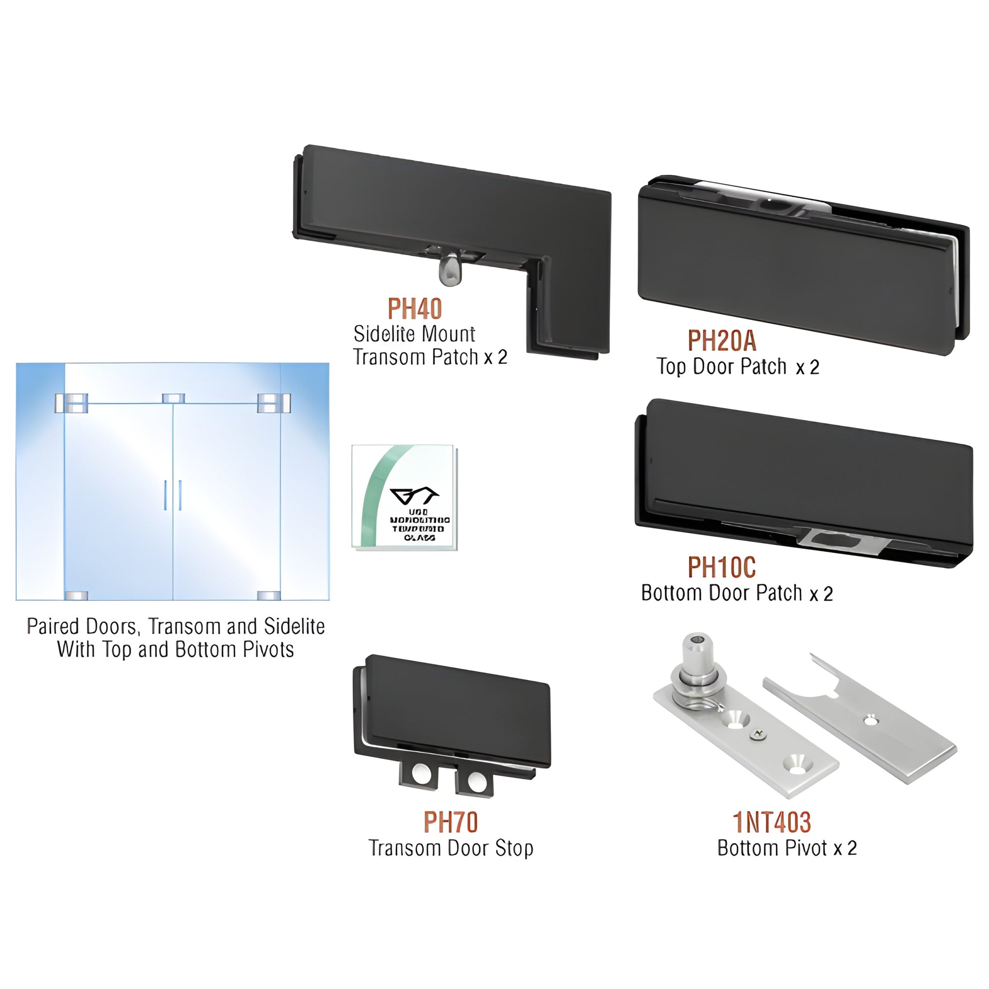 PHA8MBL matte black tempered glass double-door pivot kit with transom, sidelites, top/bottom patches and pivots.