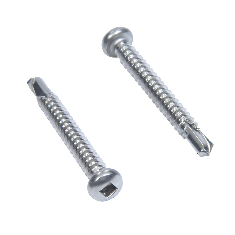RCBAD stainless steel mill-finish self-tapping connecting block screws (two shown) for aluminum railings.