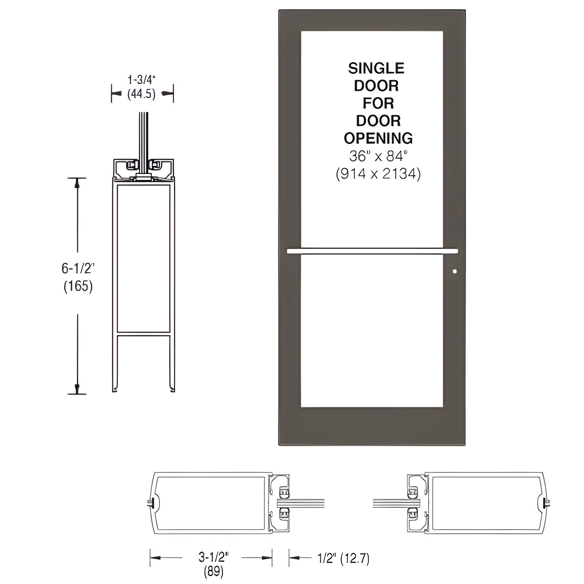 Black bronze anodized center-pivot glass door 36x84 with push bar, 1/4 glass prep, concealed closer prep. SKU DC41722R036