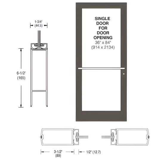 Black bronze anodized center-pivot glass door 36x84 with push bar, 1/4 glass prep, concealed closer prep. SKU DC41722R036