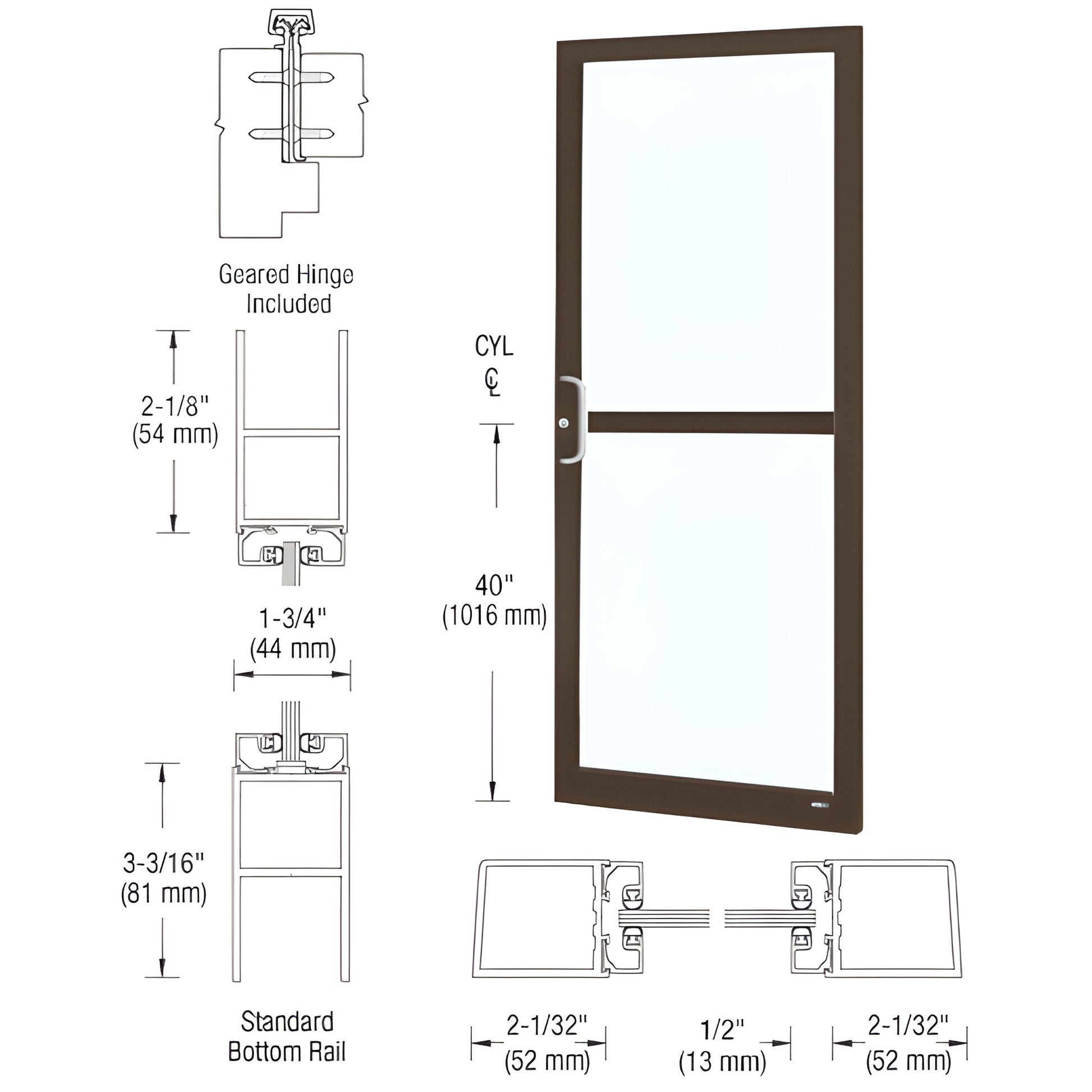 SKU DZ21822 black-bronze anodized narrow-stile commercial entrance door with midrail, accepts 1/4" tempered glass