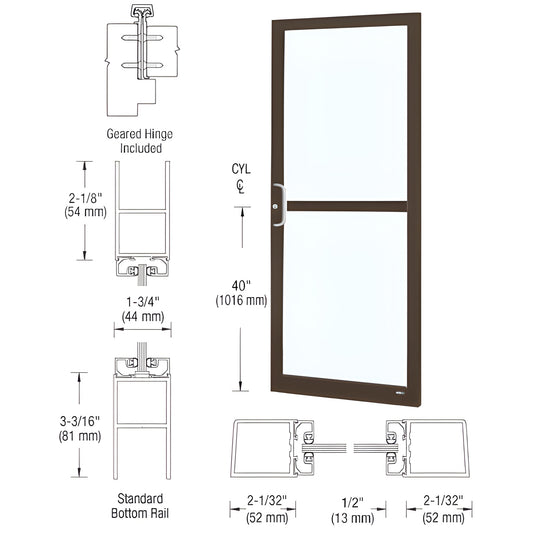 SKU DZ21822 black-bronze anodized narrow-stile commercial entrance door with midrail, accepts 1/4" tempered glass
