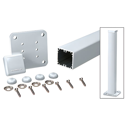 42-inch 2-3/8" square aluminum surface-mount post kit (SKU 1P42KM) with base plate, cap, gasket and hardware, mill finish