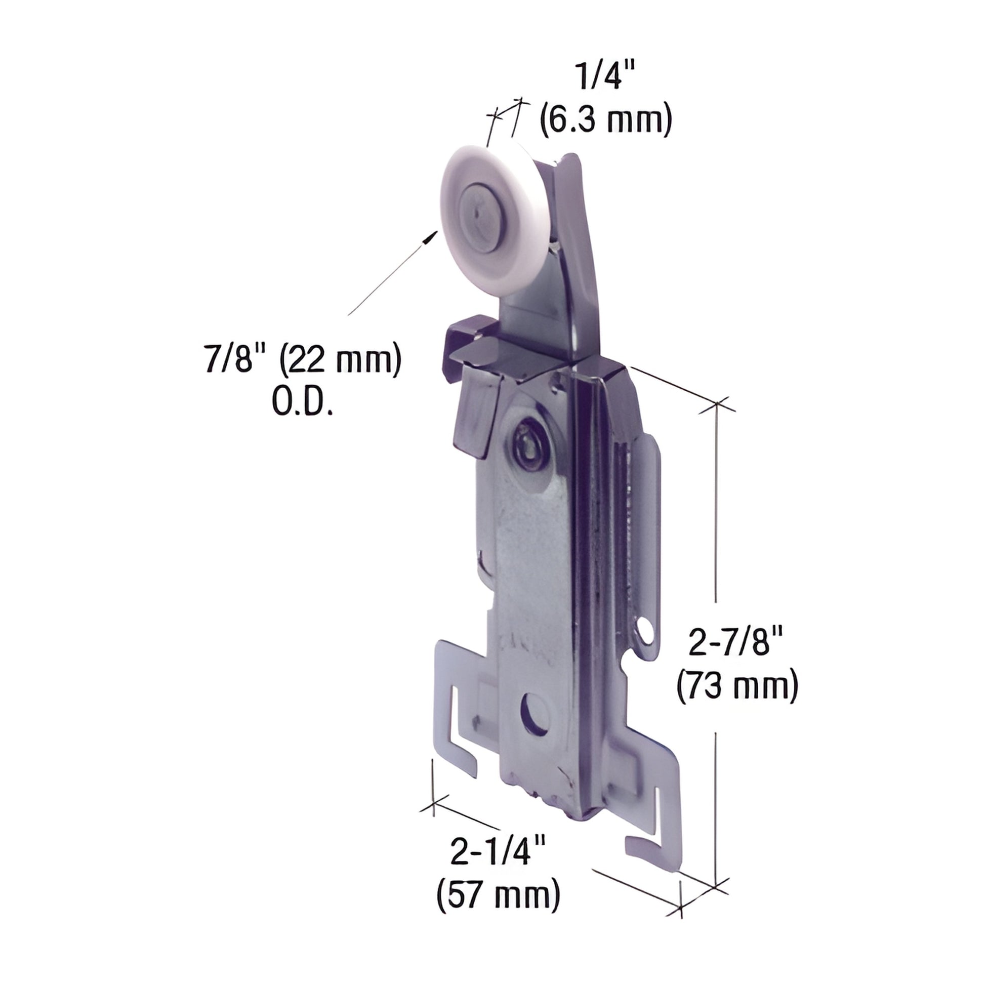 Top-hung adjustable wardrobe roller bracket, stamped steel with 7/8" nylon wheel, 2-7/8" height - SKU N6550