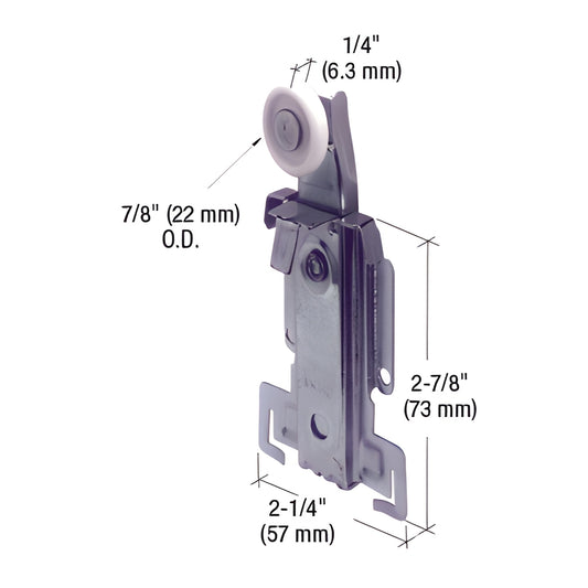 Top-hung adjustable wardrobe roller bracket, stamped steel with 7/8" nylon wheel, 2-7/8" height - SKU N6550