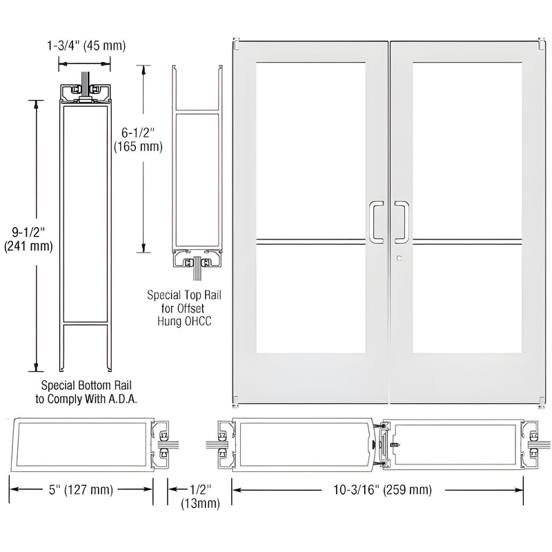 DE52152: white Kynar custom wide-stile commercial double entrance door with 1/4" tempered glass, ADA 9-1/2" bottom rail.