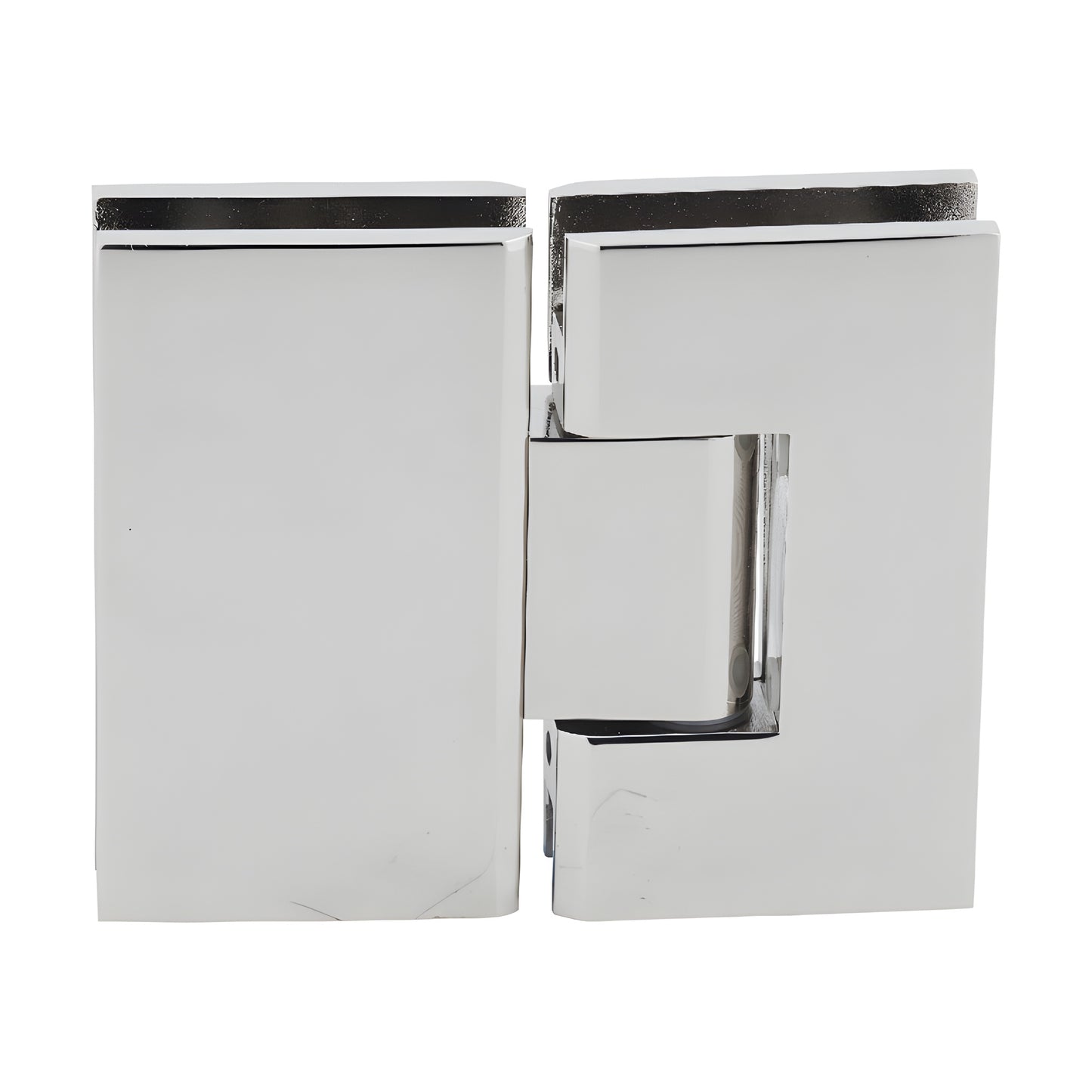 V1E580PN polished nickel square glass-to-glass shower hinge, brass, for 3/8-1/2" tempered glass, self-centering.