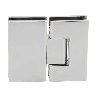 V1E580PN polished nickel square glass-to-glass shower hinge, brass, for 3/8-1/2" tempered glass, self-centering.