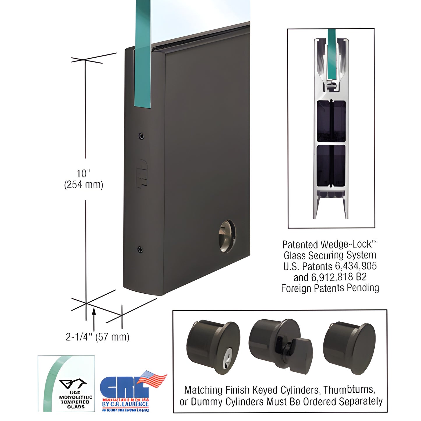 Oil-rubbed bronze 10" square aluminum door rail, Wedge-Lock for 1/2-3/4" glass, includes lock (DR10S0RB34CL)