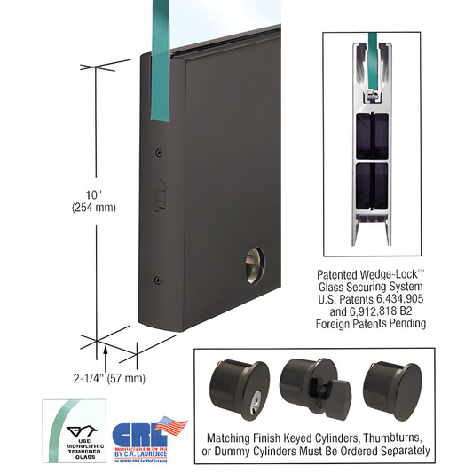 Oil-rubbed bronze 10" square aluminum door rail, Wedge-Lock for 1/2-3/4" glass, includes lock (DR10S0RB34CL)