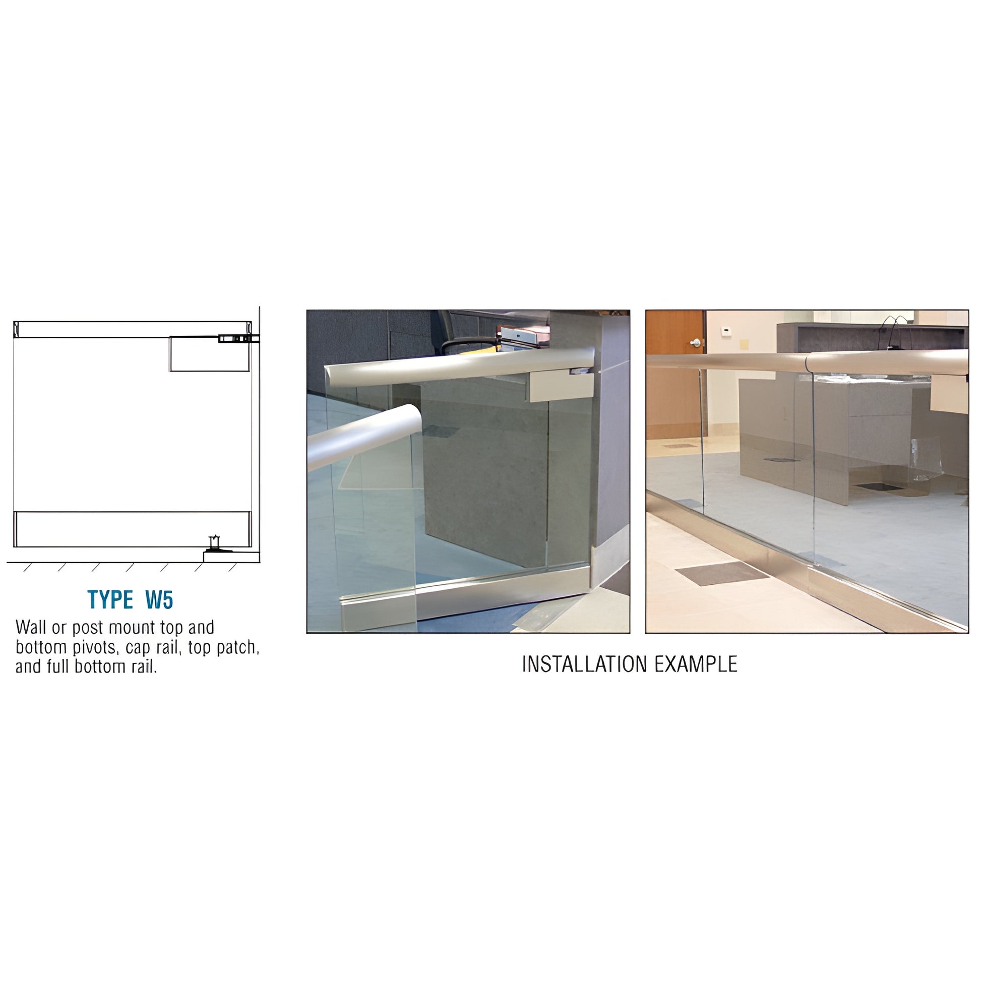 SGW5BS20WC: brushed stainless steel cap rail glass swinging gate with wide bottom rail, wall/post mount, commercial finish.