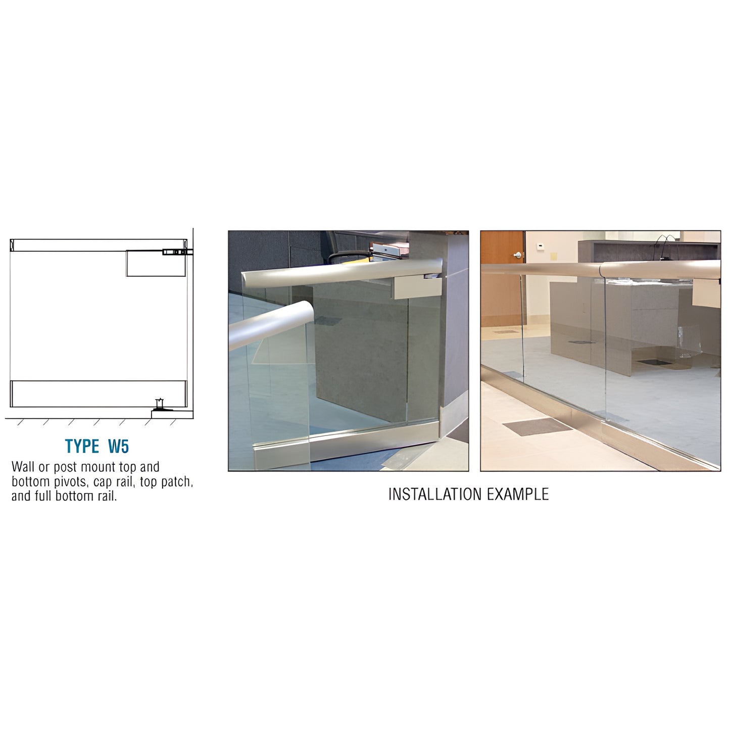 Brushed stainless glass swing gate with 2-1/2 in cap rail and wide bottom rail, wall/post mount installation example