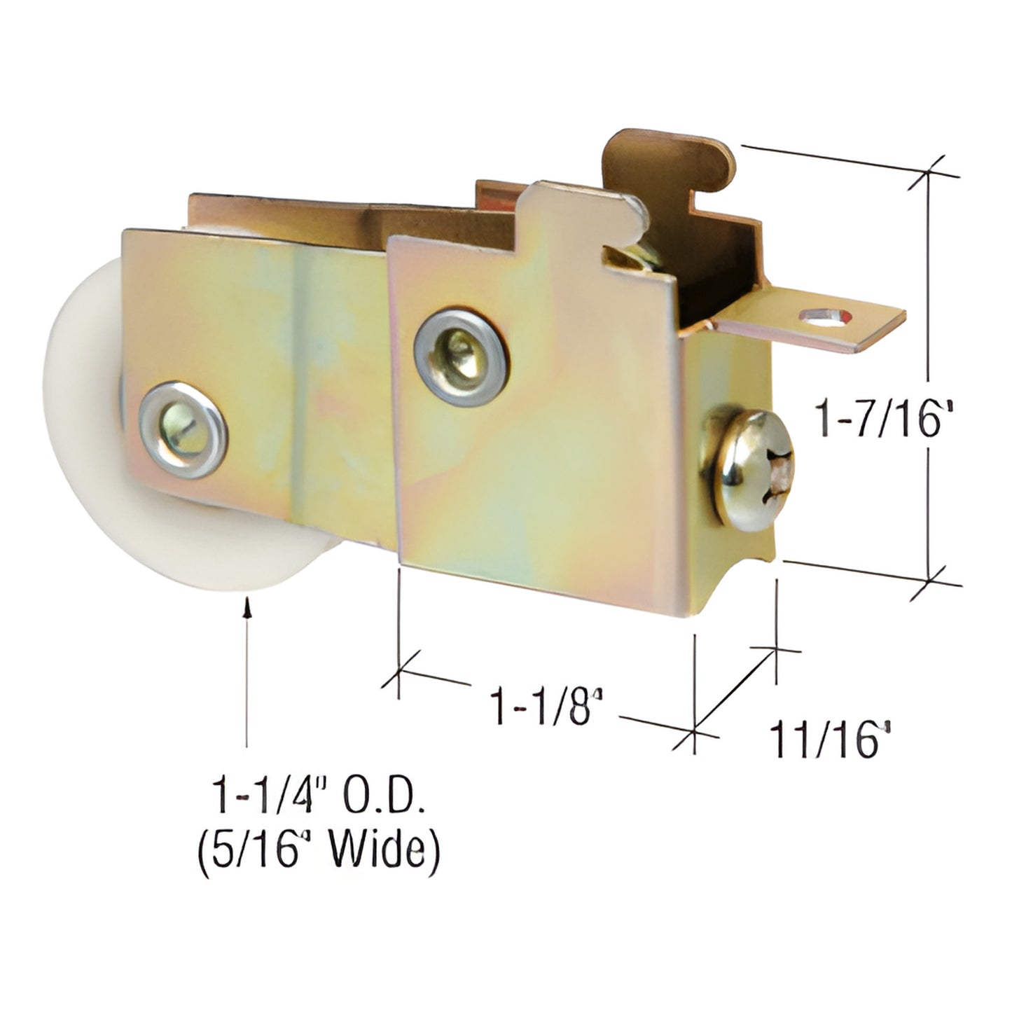 D1512 adjustable steel sliding glass door roller assembly with 1-1/4 nylon concave wheel and 11/16 housing.