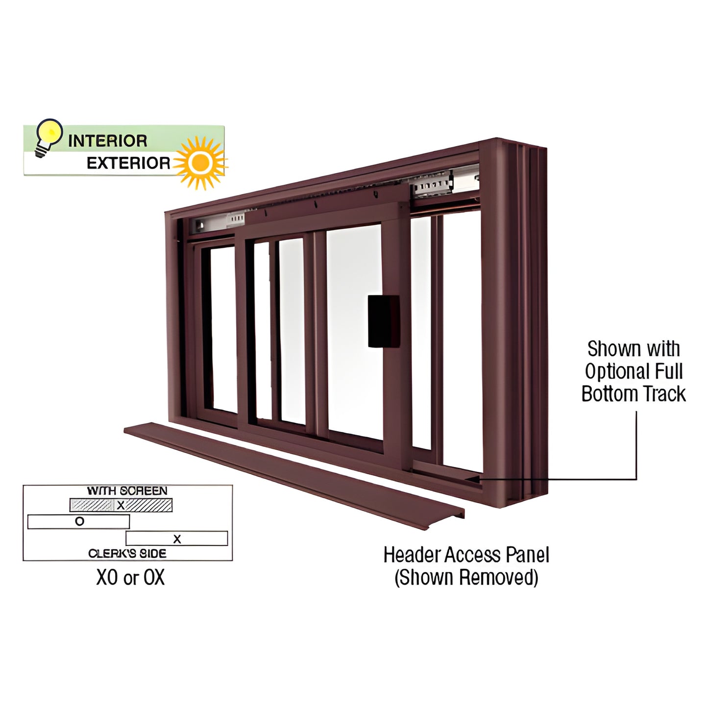 DW2000DU two-panel manual sliding service window in Duranodic bronze-one fixed, one sliding; header access panel removed.
