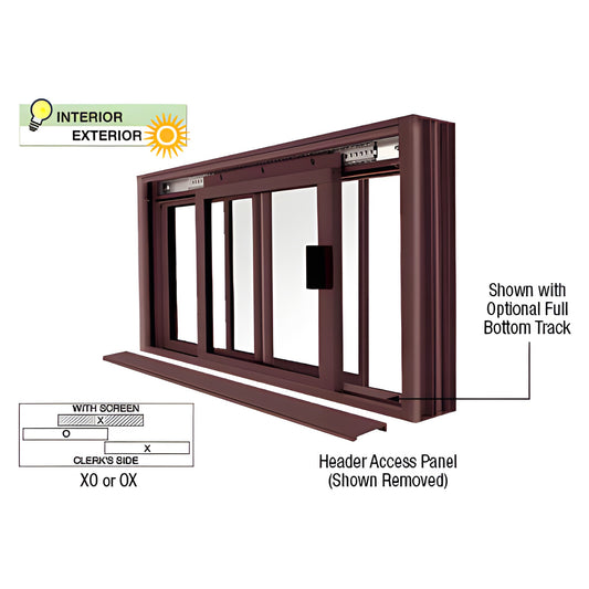 DW2000DU two-panel manual sliding service window in Duranodic bronze-one fixed, one sliding; header access panel removed.