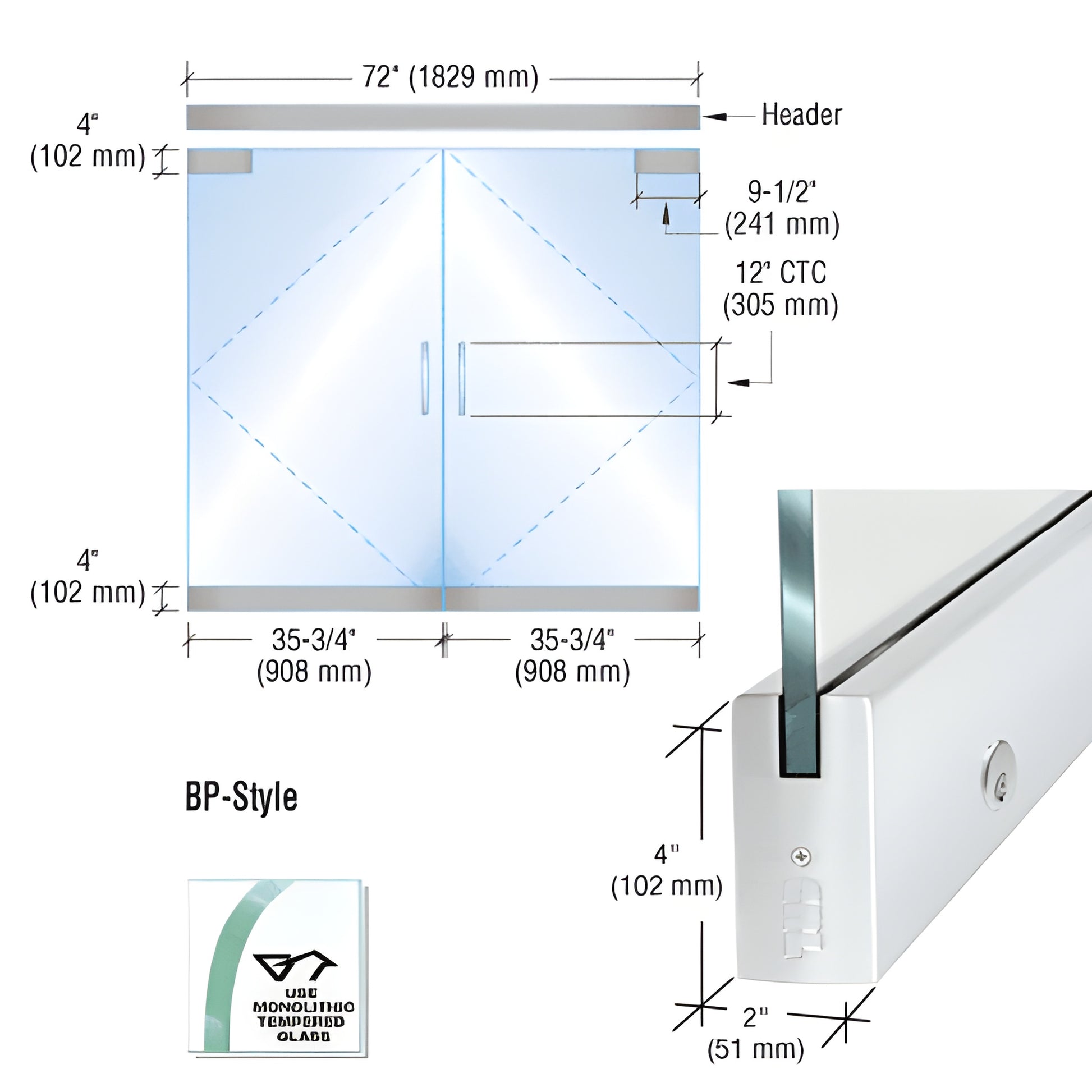BP-style frameless glass door kit (SKU BP4SA12DEL), satin anodized aluminum dry-glaze rails for 1/2" (12mm) glass.