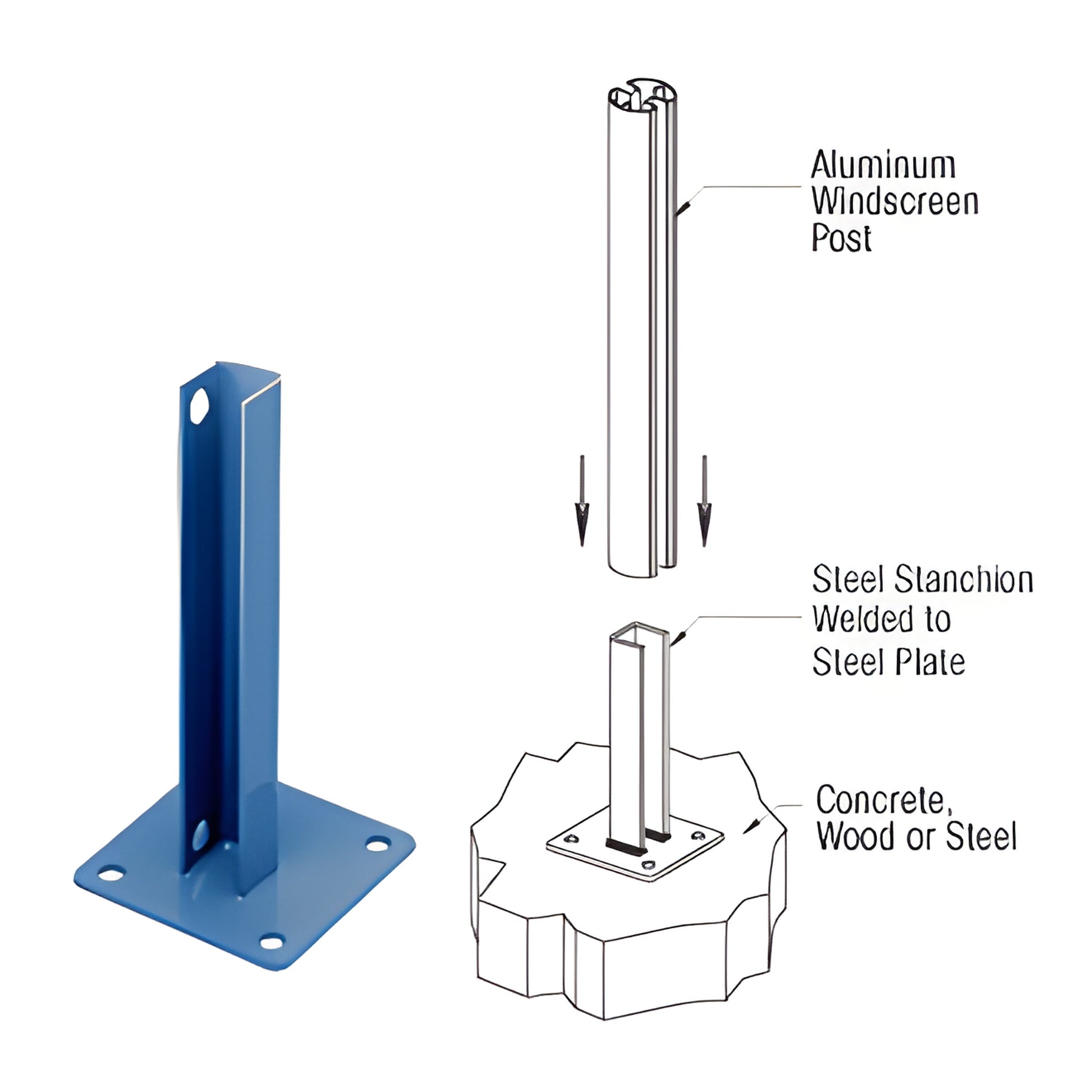 Blue powder-coated welded steel stanchion with 5in square base plate, 12in height, for aluminum posts (PSB5AC)
