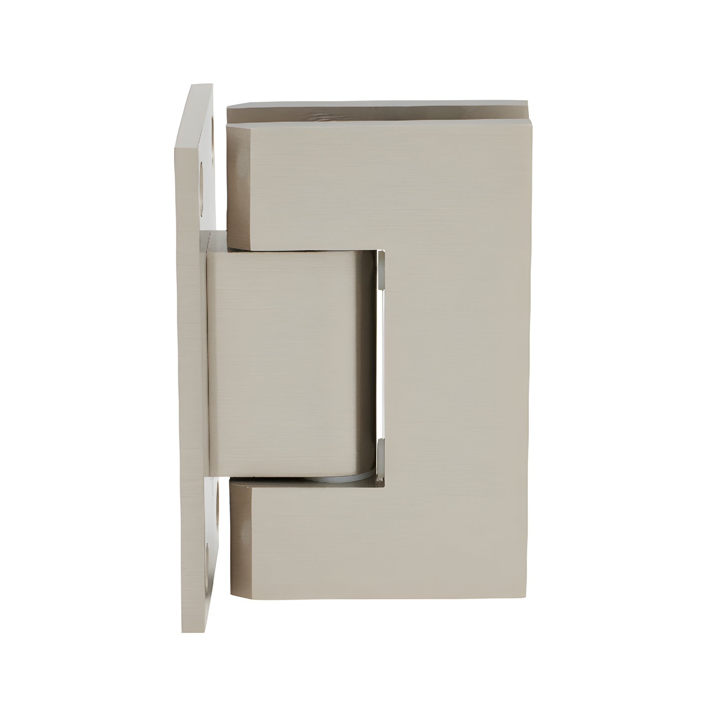 GEN537BN Geneva series brushed nickel self-centering brass shower hinge for 8-12mm glass, square back plate.