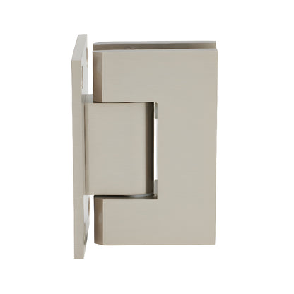 GEN537BN Geneva series brushed nickel self-centering brass shower hinge for 8-12mm glass, square back plate.