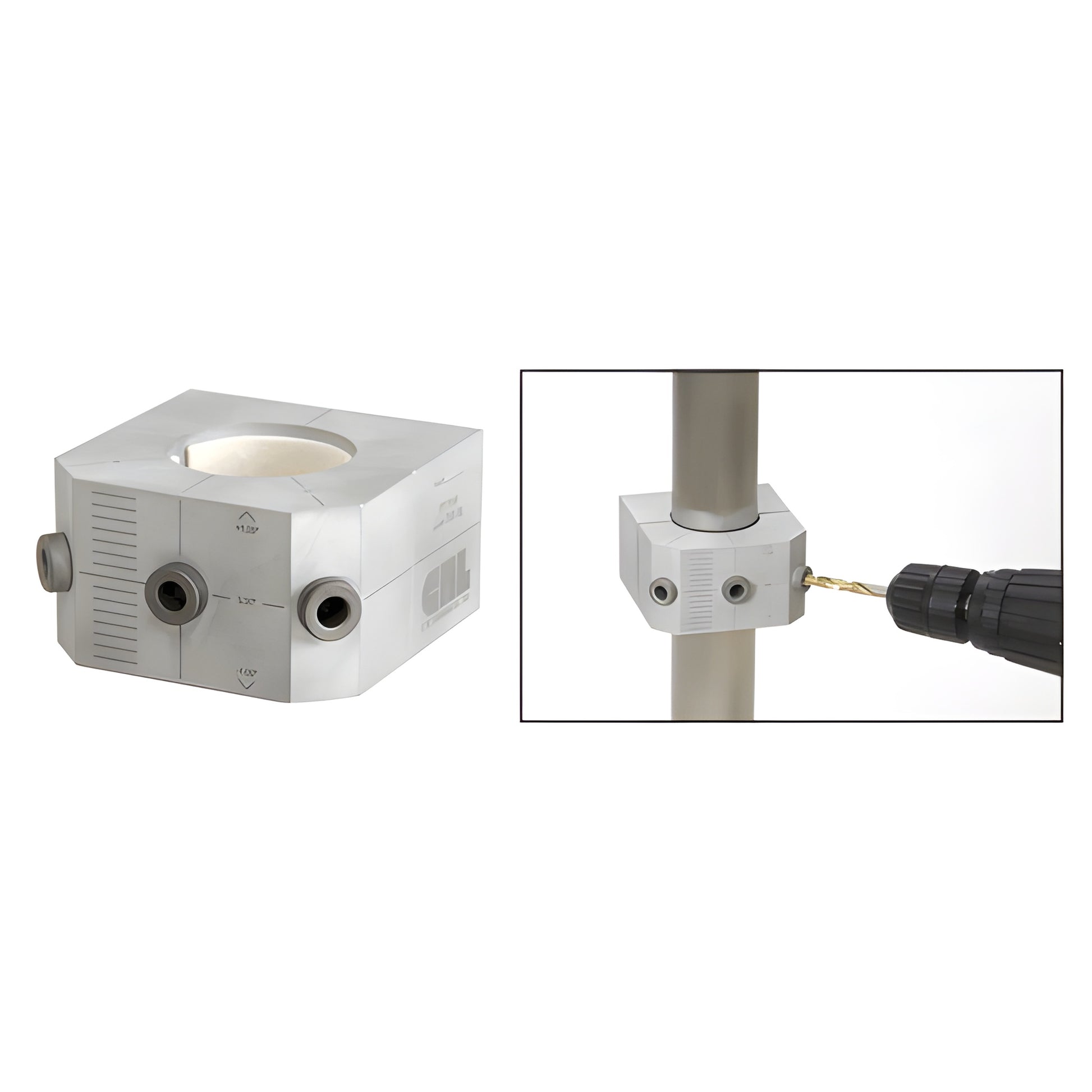 CRL P7 Post Drill Jig (P7J1G), silver square post-mounted drill guide with 5/16 guide holes, shown on a post with drill.